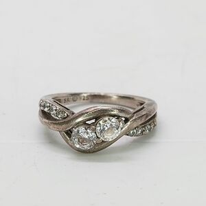 Vtg Sterling Silver 925 CZ Two Stone Bypass Ring Band Size 4.75 Twist Infinity